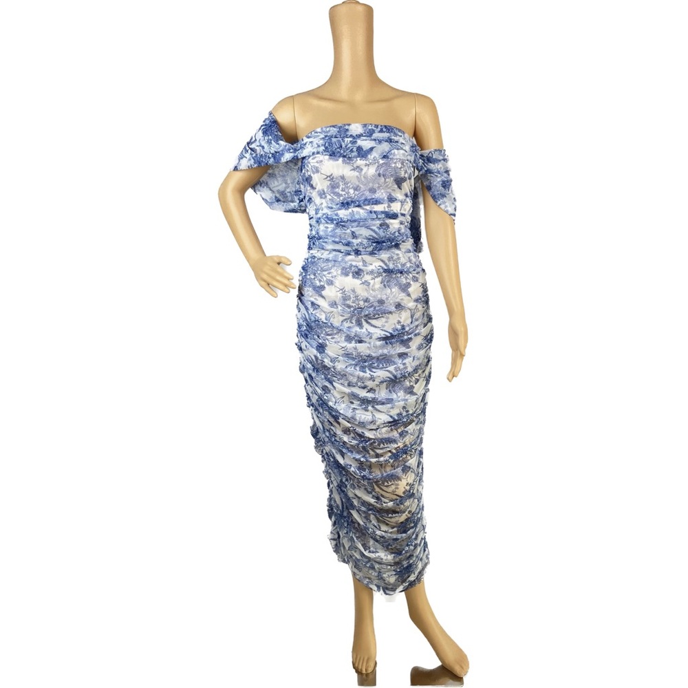 Blue and white porcelain print -off the shoulder midi bardot dress